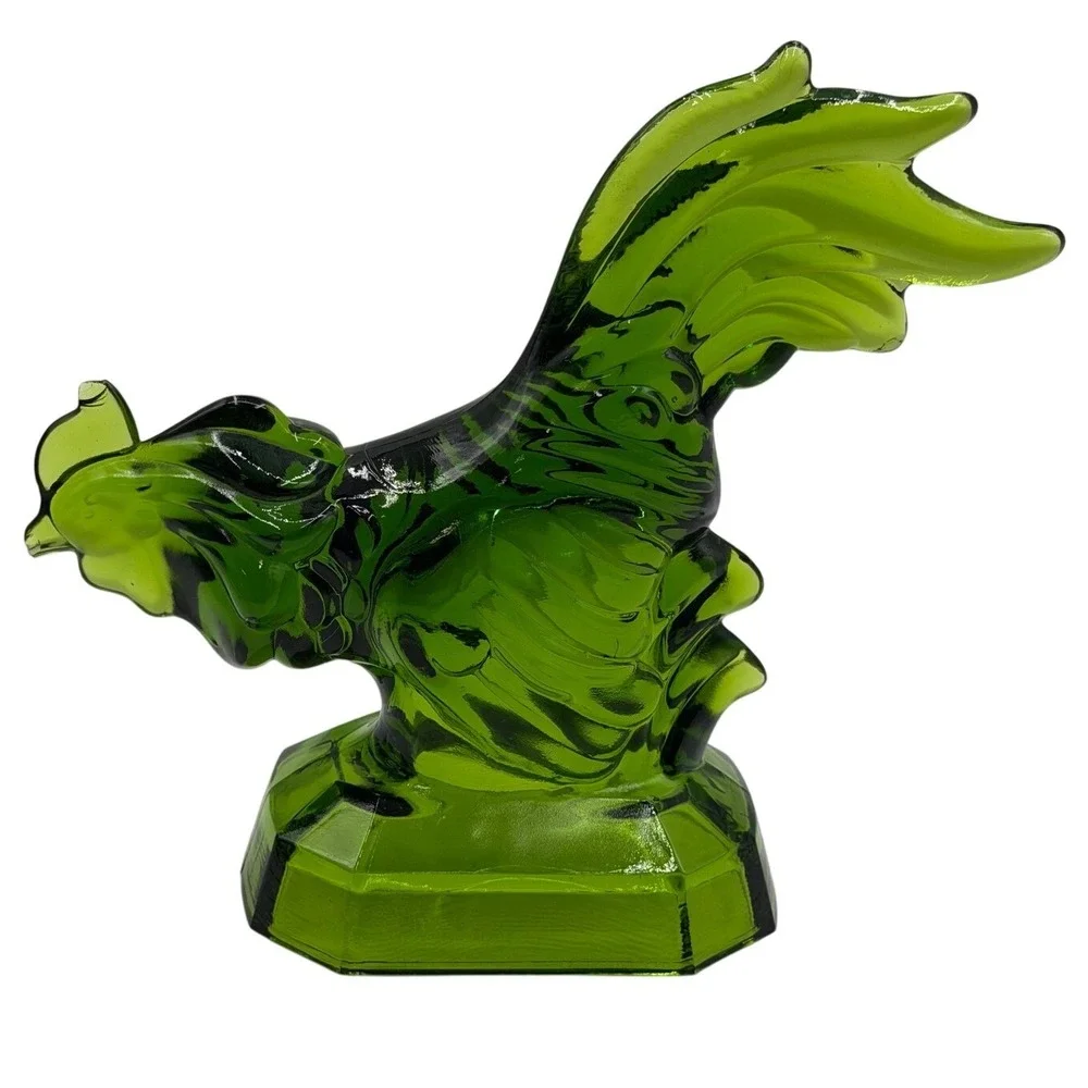 Vintage Green Pressed Glass Rooster Figurine Farmhouse Decor Octagonal Base NOTE